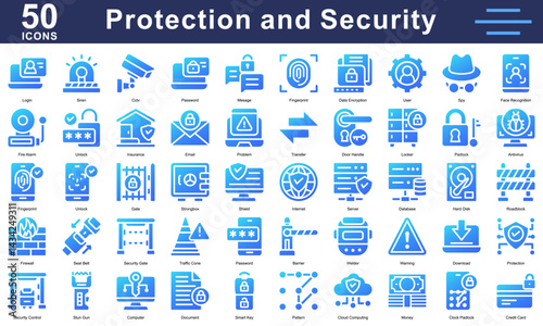 Protection and cybersecurity icon collection featuring firewall, CCTV, fingerprint, shield, and padlock. Ideal for online security content.