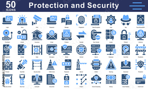 Protection and cybersecurity icon collection featuring firewall, CCTV, fingerprint, shield, and padlock. Ideal for online security content.
