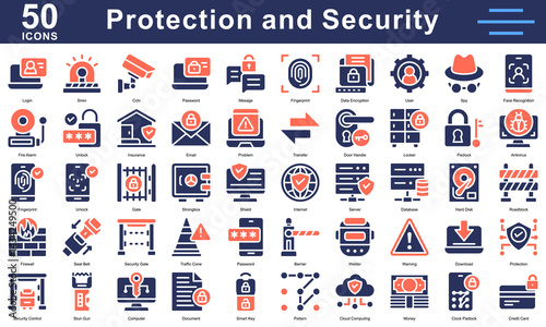 Protection and cybersecurity icon collection featuring firewall, CCTV, fingerprint, shield, and padlock. Ideal for online security content.