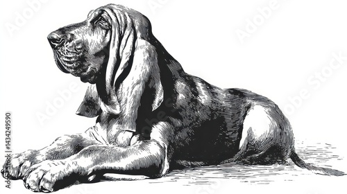 Vintage black and white illustration of a hound dog resting.