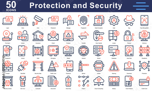 Protection and cybersecurity icon collection featuring firewall, CCTV, fingerprint, shield, and padlock. Ideal for online security content.