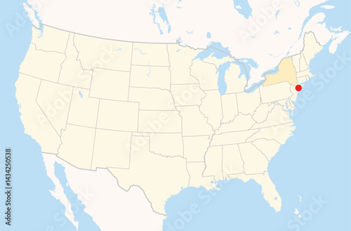 Location Map of the city Hempstead in New York, USA. The state is marked orange and the city is highlighted with a red dot. No labels at all.