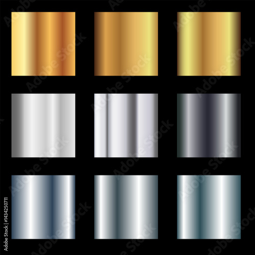 Gradient color set with metallic gold, silver, bronze, and steel tones displayed in vertical swatches on black background, perfect for design templates, branding and digital art