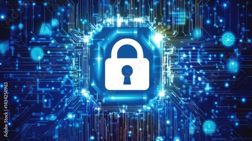 Cybersecurity concept with padlock icon on a digital screen symbolizing data protection and secure network access