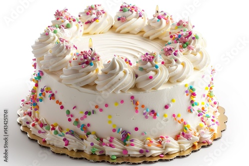 Celebratory cake with white frosting swirls and colorful confetti