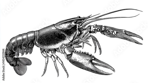 Detailed grayscale illustration of a crayfish in profile view.