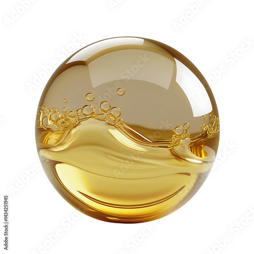 Golden bubbles vector illustration on white background, golden liquid oil bubble sphere.