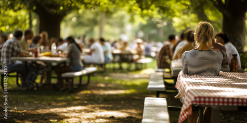 Fototapeta Naklejka Na Ścianę i Meble -  Outdoor Gathering: People enjoying a meal together at picnic tables in a sun-dappled park, creating a sense of community and summer fun.