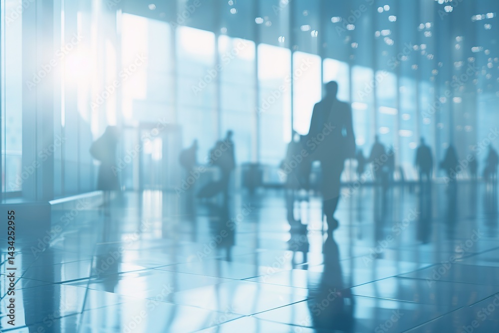 People moving through a bright modern lobby abstract and serene perspective People moving through a bright modern lobby abstract and serene perspective