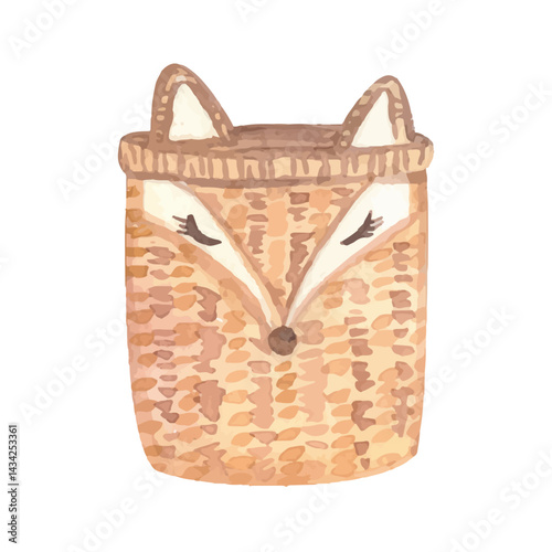 Wicker fox basket for toys watercolor. Vector illustration