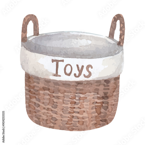 Wicker Toy Basket watercolor. Watercolor basket with toys for newborns. Vector watercolor of wicker basket, rattan. Baby essentials, laundry room design. Vector illustration