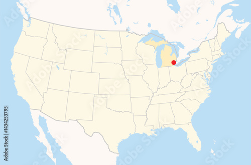 Location Map of the city Westland in Michigan, USA. The state is marked orange and the city is highlighted with a red dot. No labels at all.