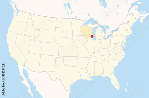 Location Map of the city West Allis in Wisconsin, USA. The state is marked orange and the city is highlighted with a red dot. No labels at all.