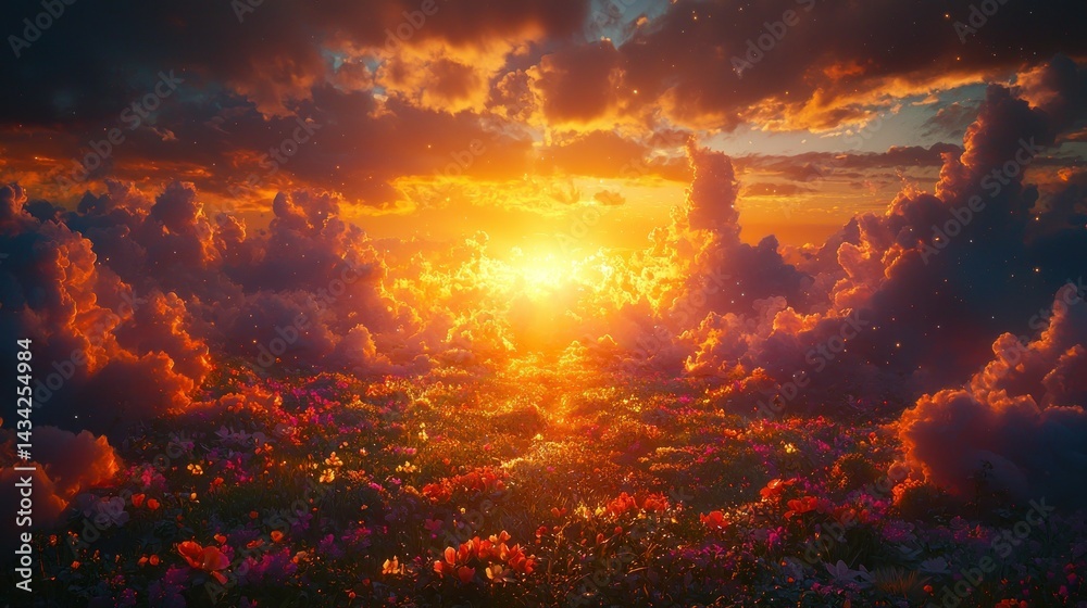 Obraz premium Sunset through clouds, flower field