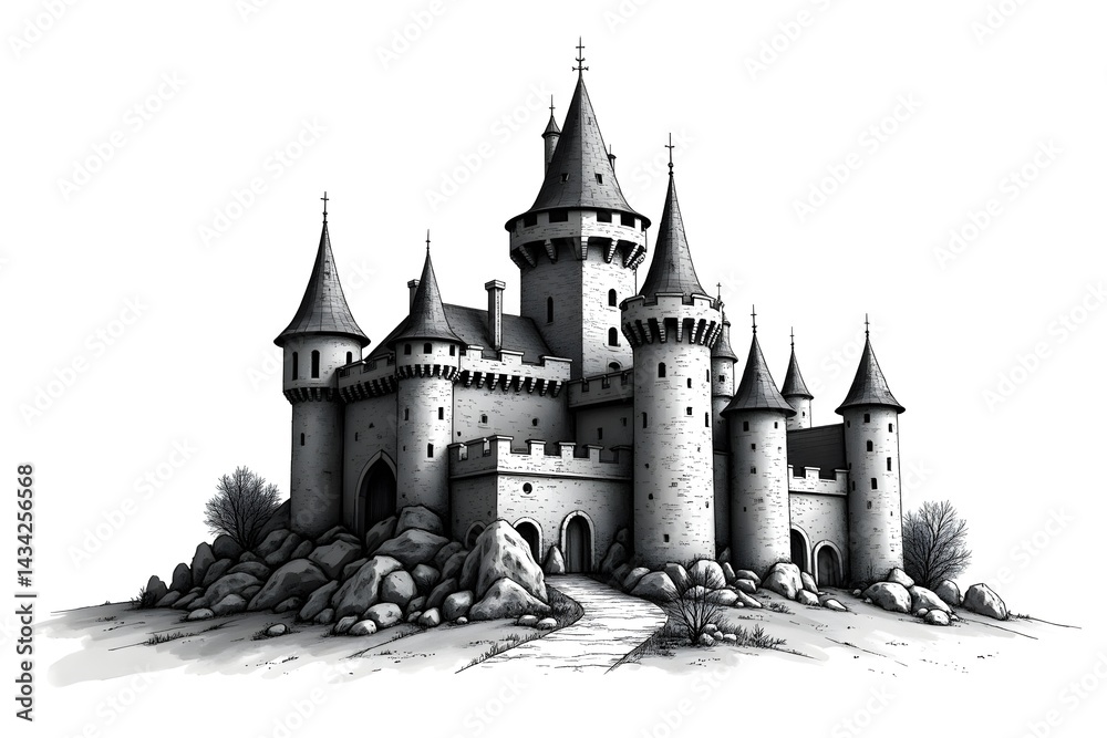 Obraz premium Medieval Castle with Stone Textures and Towers in a Detailed Monochrome Ink Illustration
