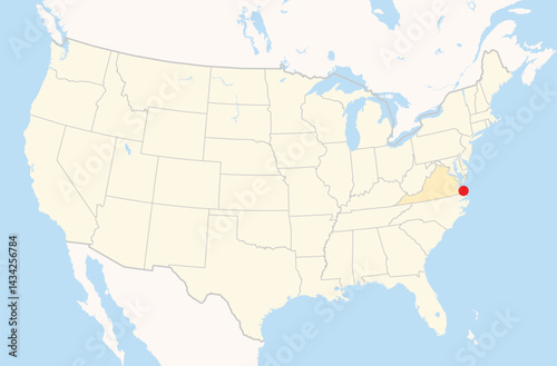 Location Map of the city Virginia Beach in Virginia, USA. The state is marked orange and the city is highlighted with a red dot. No labels at all.