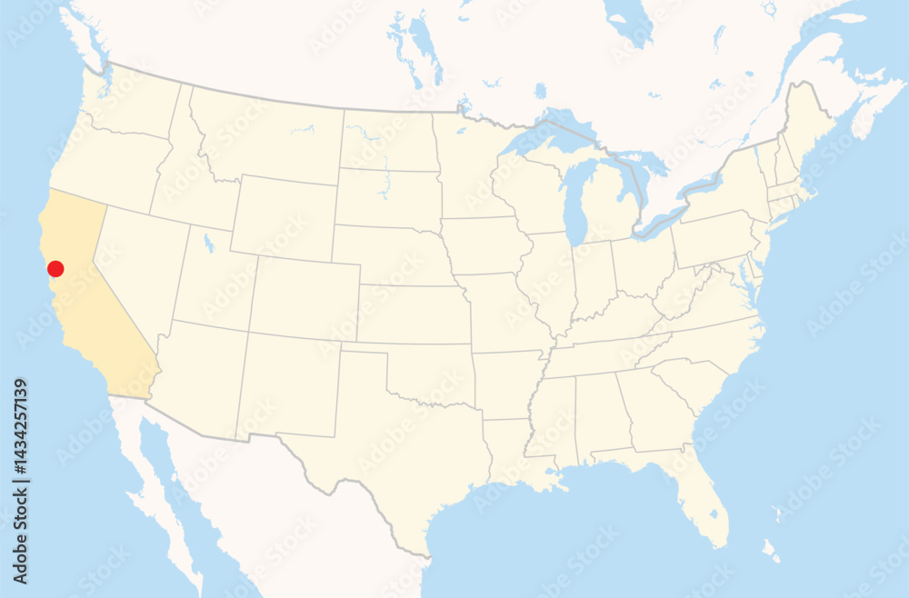 Fototapeta premium Location Map of the city Vallejo in California, USA. The state is marked orange and the city is highlighted with a red dot. No labels at all.