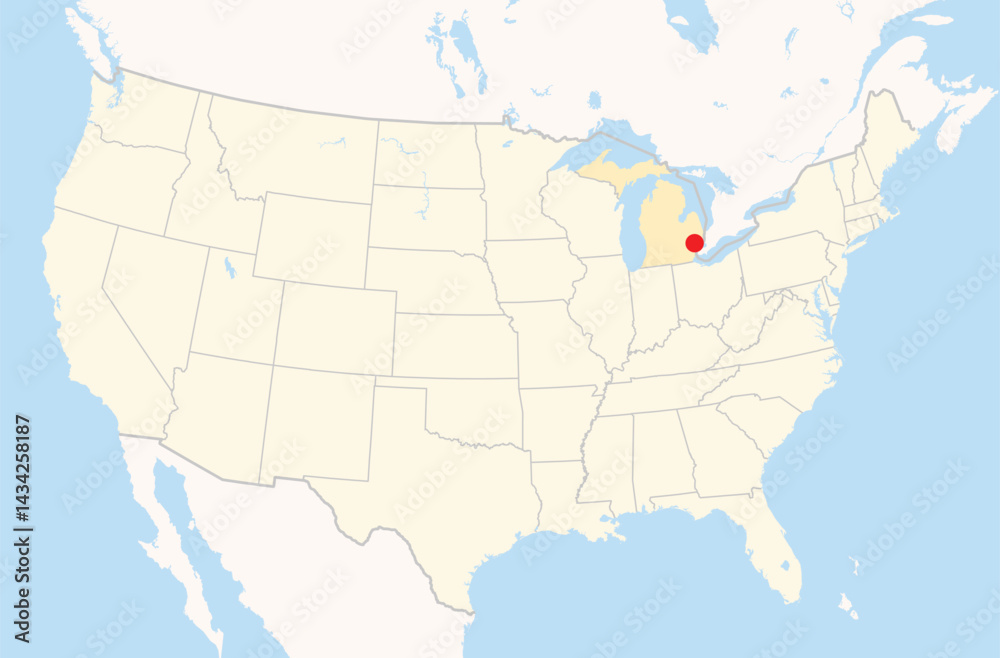 Obraz premium Location Map of the city Troy in Michigan, USA. The state is marked orange and the city is highlighted with a red dot. No labels at all.
