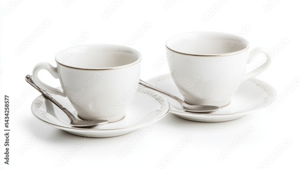 white coffee cups on saucers with silver spoons, generative ai white coffee cups on saucers with silver spoons, generative ai