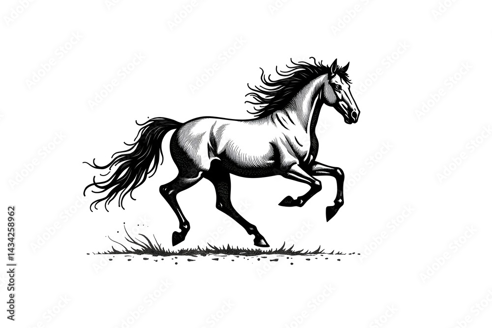 Obraz premium Galloping Horse in Motion Ink Illustration in Classic Woodcut Style