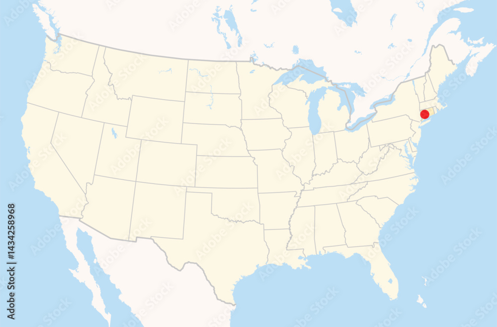 Fototapeta premium Location Map of the city Waterbury in Connecticut, USA. The state is marked orange and the city is highlighted with a red dot. No labels at all.
