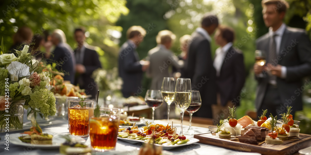 Fototapeta premium Outdoor gathering with refreshments and people, glasses with wine, hors d'oeuvres, snacks, flowers and good ambience.