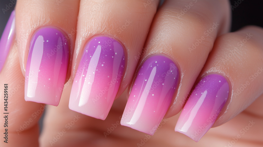 Detailed view of ombre nails blending soft pink and lavender hues.