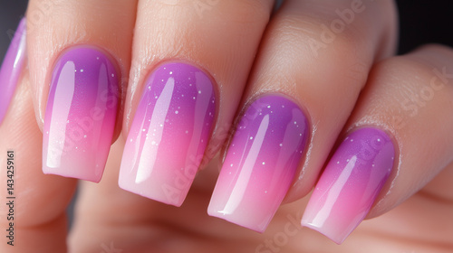 Obraz na płótnie Detailed view of ombre nails blending soft pink and lavender hues. w salonie
