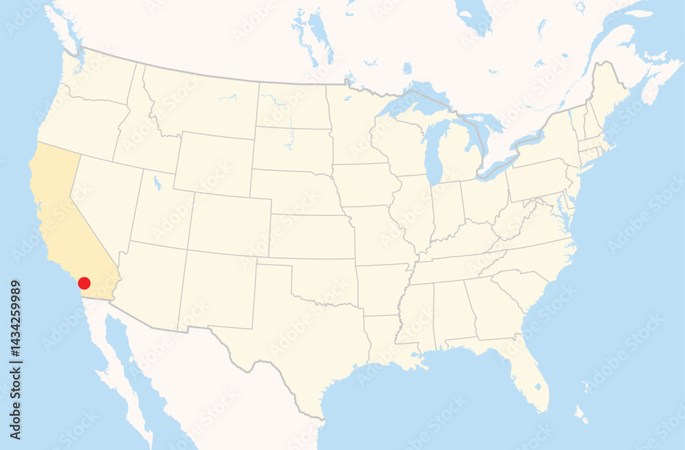 Obraz premium Location Map of the city Temecula in California, USA. The state is marked orange and the city is highlighted with a red dot. No labels at all.