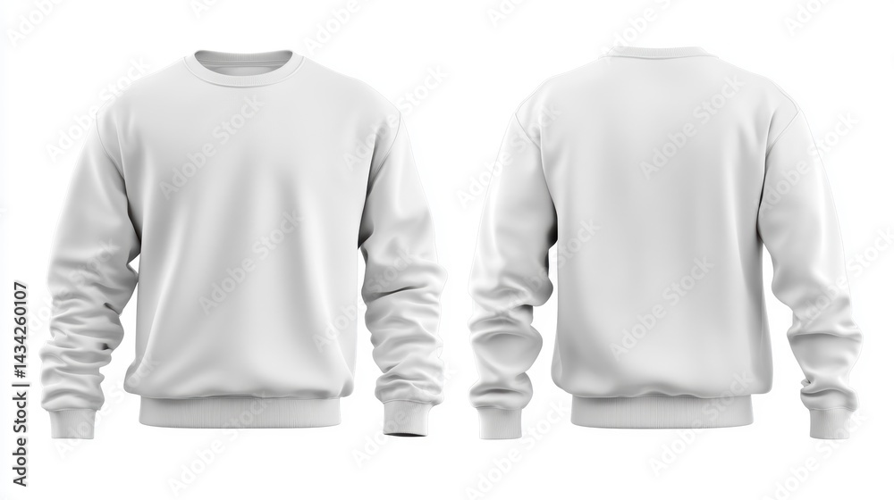 White crewneck sweatshirt mockup, front and back views, isolated on white background. White crewneck sweatshirt mockup, front and back views, isolated on white background.