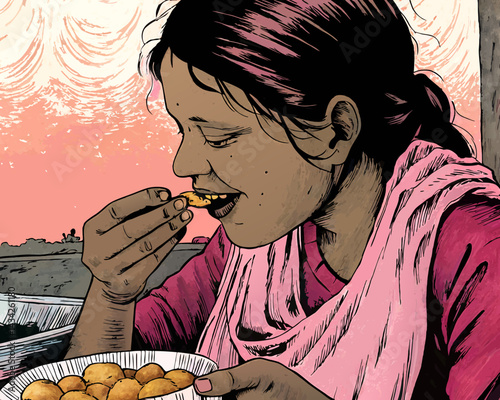 A indian lady eating panipuri