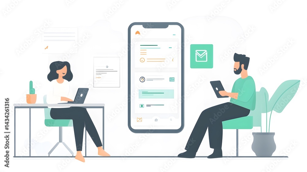 Fototapeta premium Tech-Savvy Collaboration: Two individuals work side-by-side, immersed in their digital devices, navigating the mobile interface to achieve a goal
