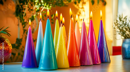 Colorful Conical Candles in Rainbow Arrangement for Vibrant Decor