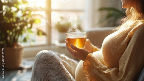 Pregnant woman in loungewear drinking herbal tea, peaceful moment in a sunlit living room generative ai
