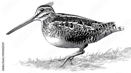 Side view of a woodcock in profile, walking through tall grass.