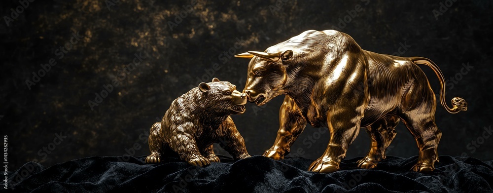 Fototapeta premium Golden bear and bull sculpture on dark background.