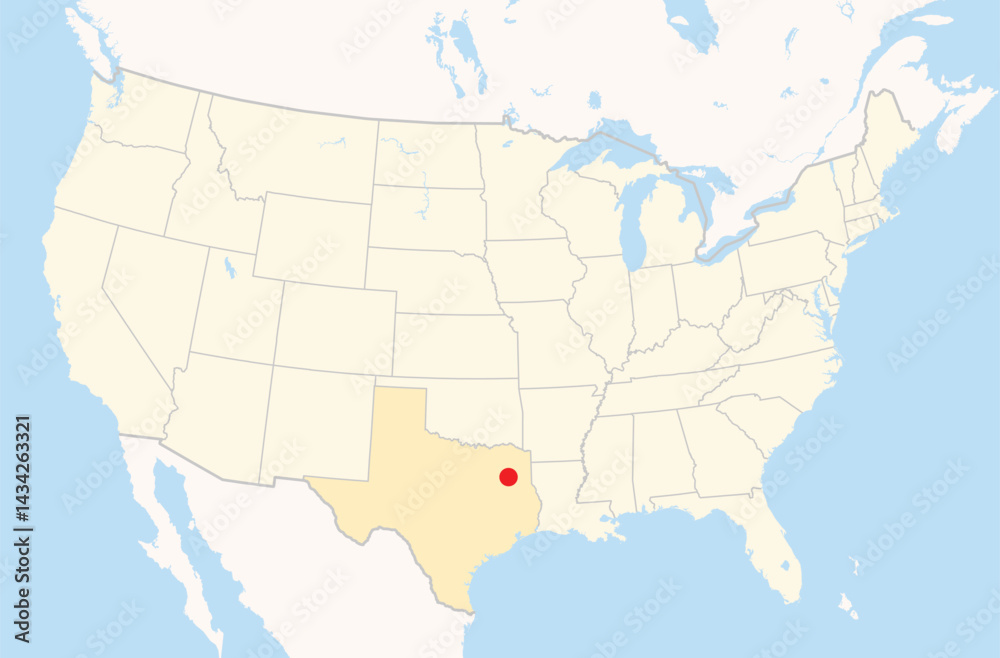 Obraz premium Location Map of the city Tyler in Texas, USA. The state is marked orange and the city is highlighted with a red dot. No labels at all.