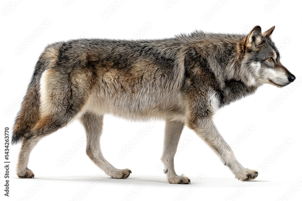 Obraz premium A majestic wolf walking gracefully across a white background, showcasing its natural elegance