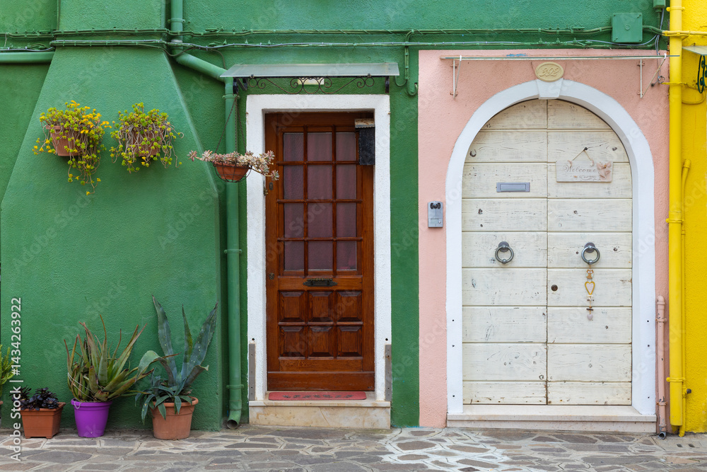 Fototapeta premium Colorful doors and plants in Burano Italy