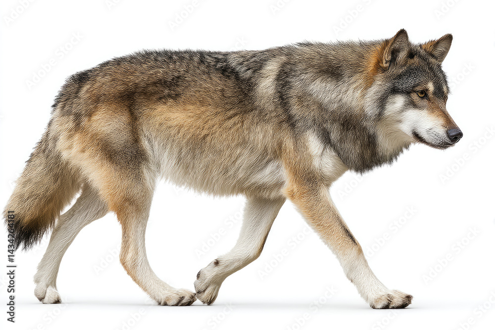 Fototapeta premium A majestic wolf walking confidently across a white background, showcasing its natural grace and strength