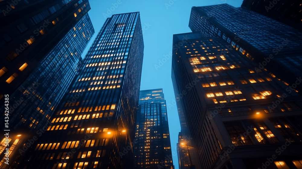 Skyscrapers rising, illuminated windows glow at dusk. Urban cityscape at night Skyscrapers rising, illuminated windows glow at dusk. Urban cityscape at night