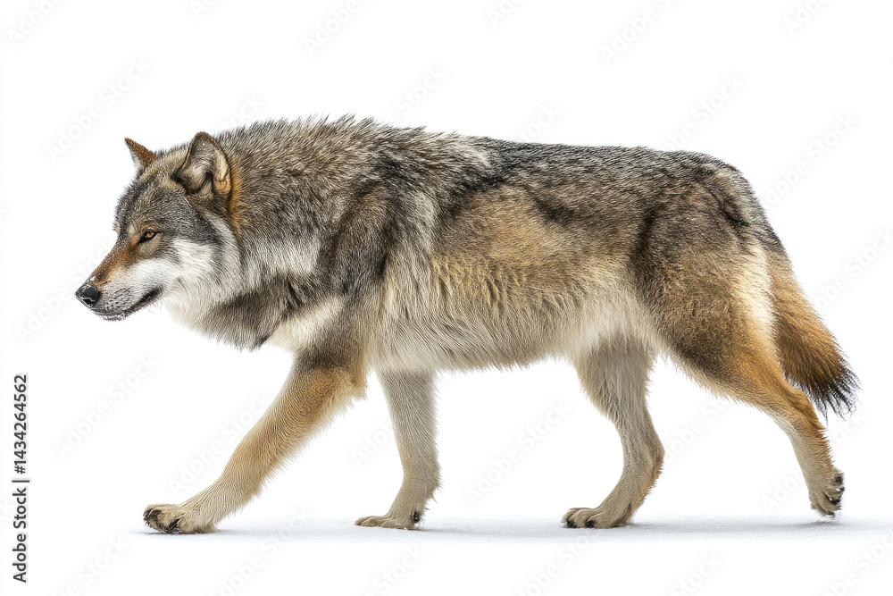 Fototapeta premium A majestic wolf walking gracefully across a white background, showcasing its natural elegance and strength