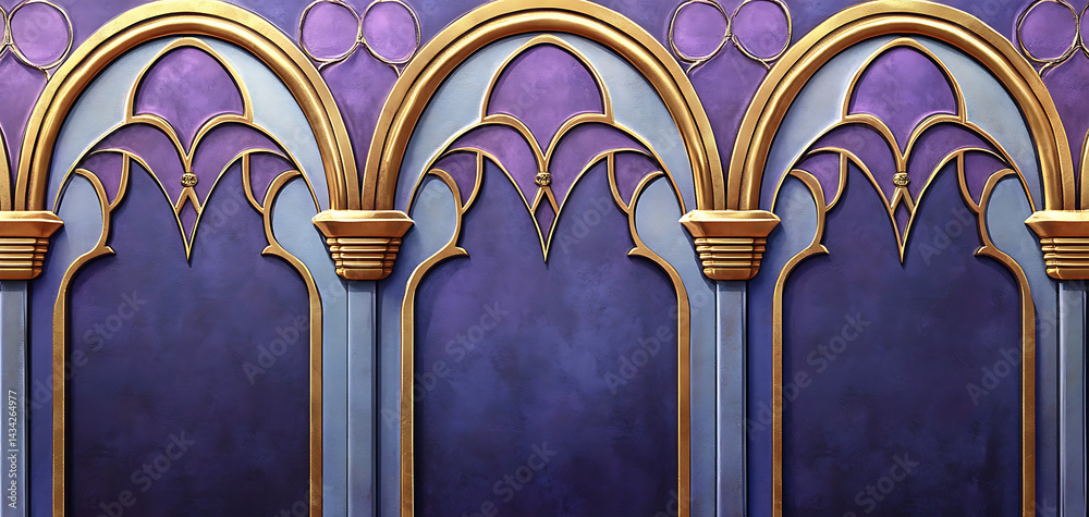 Naklejka premium Arched Design: A sophisticated arched design showcases elegance with intricate detailing, gold accents and vibrant purple hues, creating a sense of architectural grace and artistic flair.