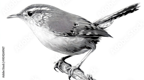 Detailed grayscale drawing of a small songbird perched.
