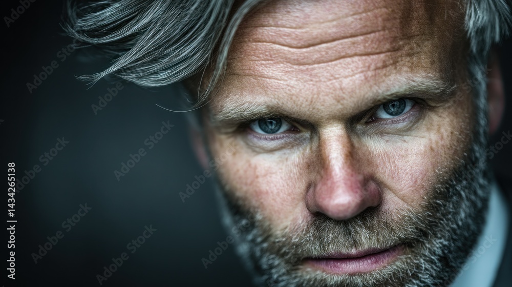Obraz premium Man portrait silver hair, beard, striking blue eyes, serious look