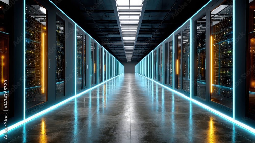 Fototapeta premium IT infrastructure server disaster recovery concept. Futuristic data center corridor with illuminated panels and sleek design.