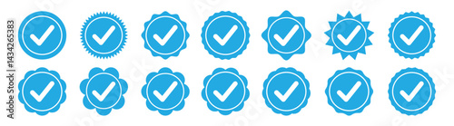 Badge check icon. Verify icon stamp. Collection of different style star shaped social media icons 