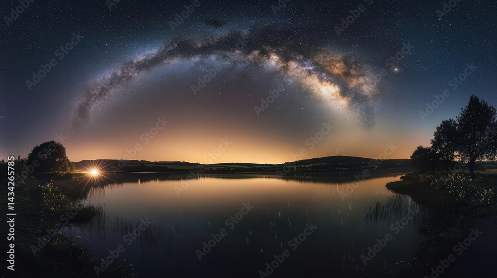 Breathtaking Milky Way Reflection Over Calm Lake at Night Breathtaking Milky Way Reflection Over Calm Lake at Night