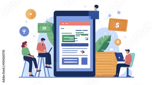 Mobile Business Team: A team collaborates on a mobile device interface, illustrating the concept of modern mobile business and financial operations.