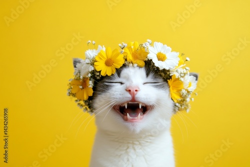 Cute adult cat japanese bobtail wearing fierce flower circlet on its head - symbol of sunny summertime. Isolated yellow background, copy space, ad idea. Cat studio portrait with flower crown.